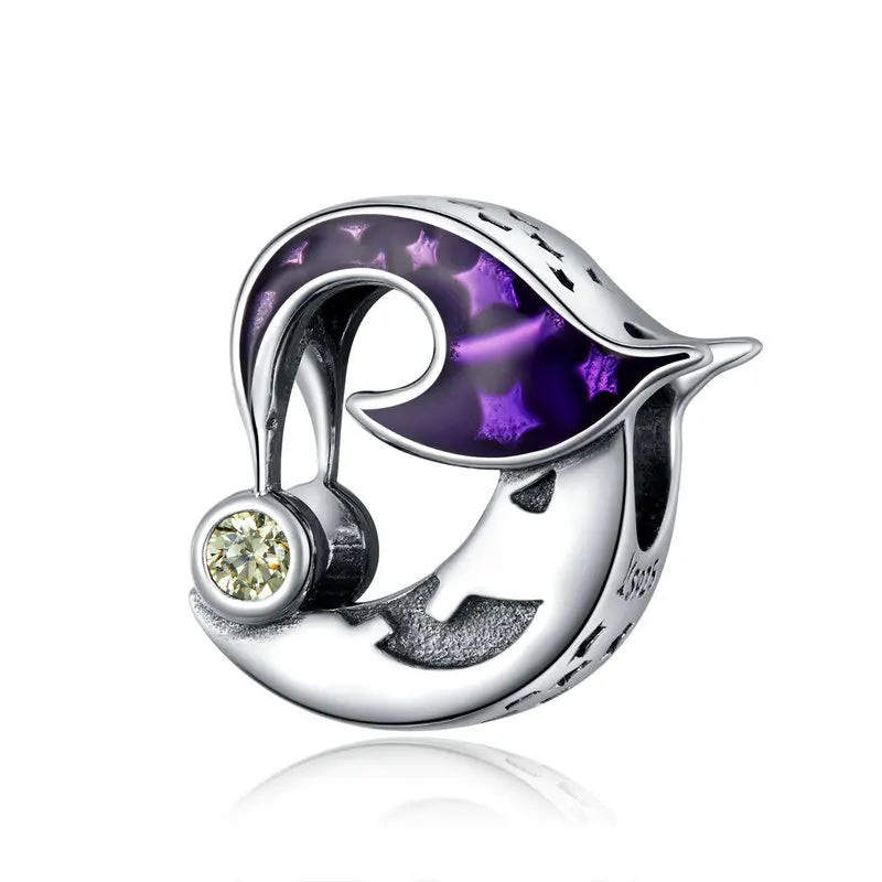 Sterling silver Velanth Moon charm with smiling crescent moon and violet witch hat, adorned with translucent stars, Asttery