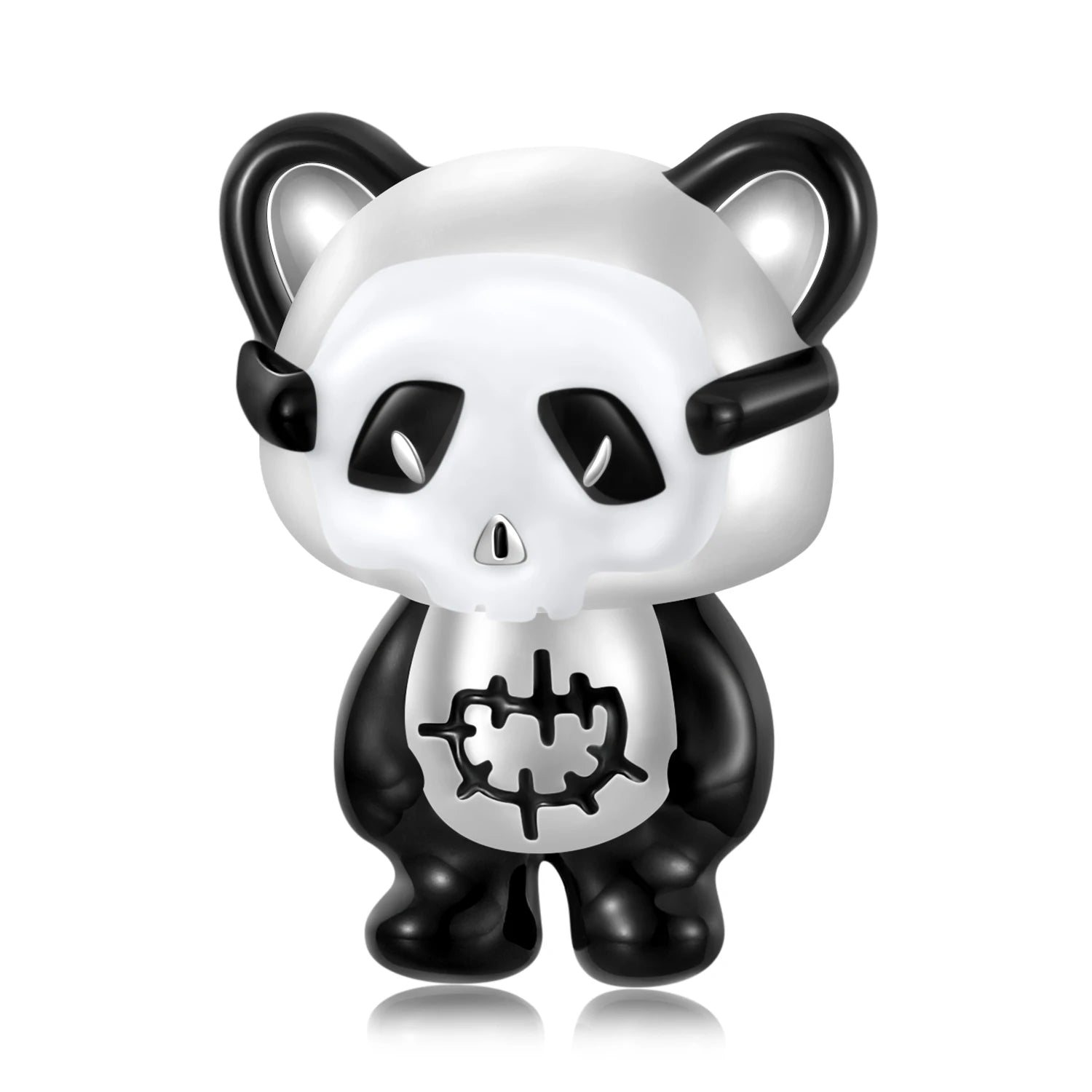Skull panda charm with stitched chest in black and white enamel | Asttery