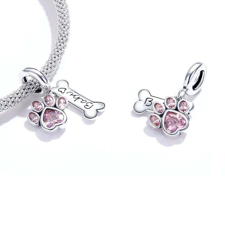 Paw and heart-shaped pink stone charm in sterling silver | Asttery