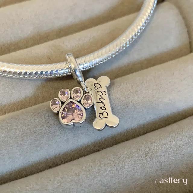 Silver pet charm with pink stones and engraved bone | Asttery