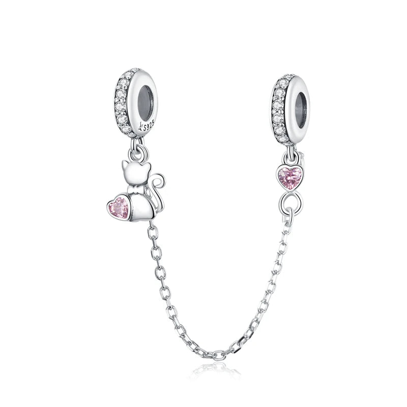 925 sterling silver safety charm Lunexi with cat and pink heart stones | Asttery