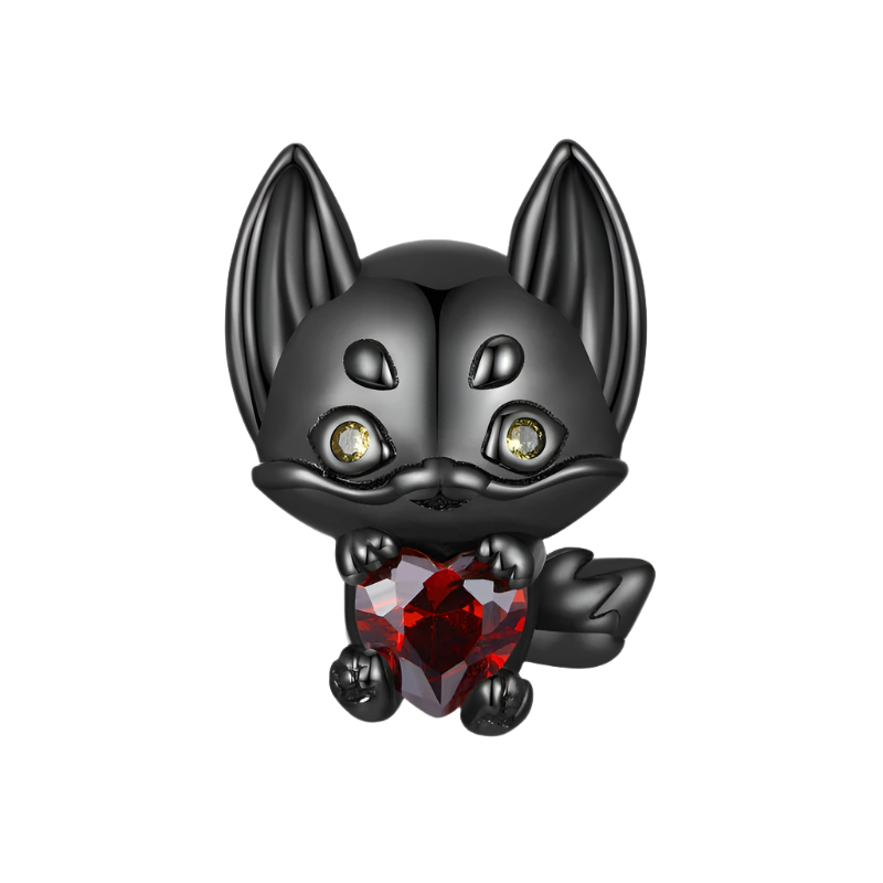 Nyxari fox charm in black sterling silver with red heart crystal | Asttery