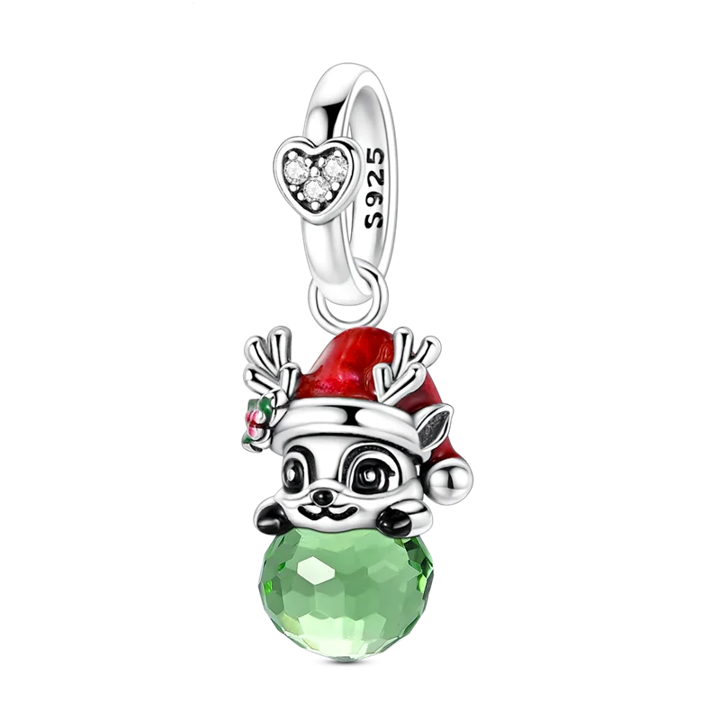 925 sterling silver reindeer dangle charm with festive red enamel hat, and faceted green glass sphere | Asttery
