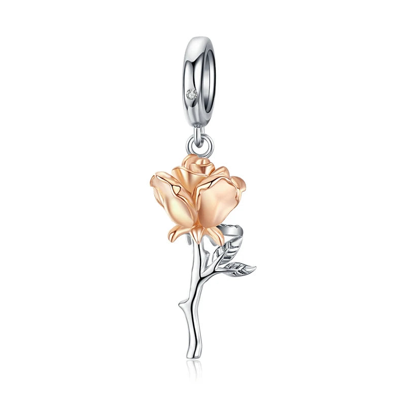 Solavie charm in 925 silver with golden rose and curved silver stem | Asttery