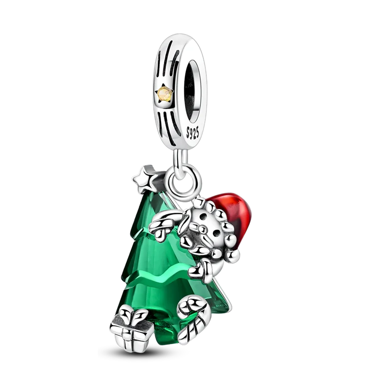 925 sterling silver Christmas charm with green glass tree, Santa figure and red enamel hat | Asttery
