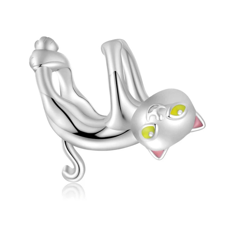 Felin Lune silver cat charm in 925 sterling silver with yellow eyes and soft pink ears,  Asttery