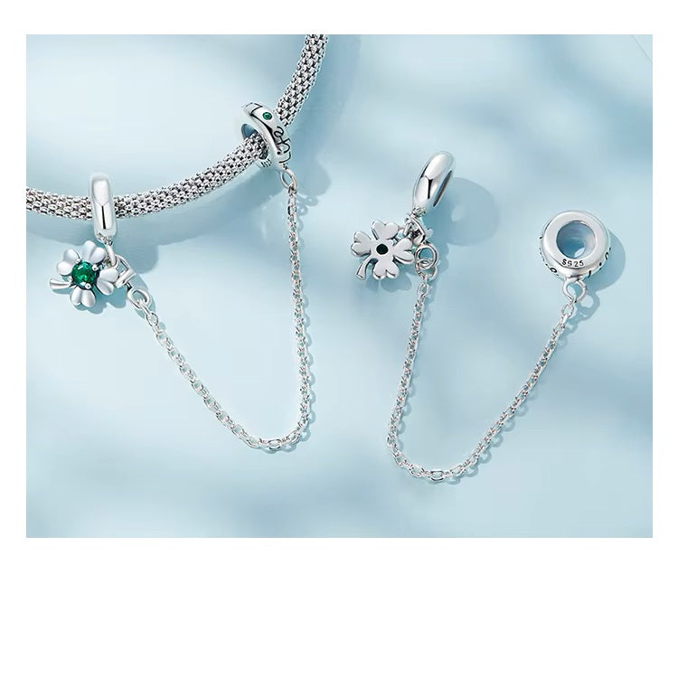 Silver four-leaf clover bracelet safety chain with engraved Love Life message | Asttery