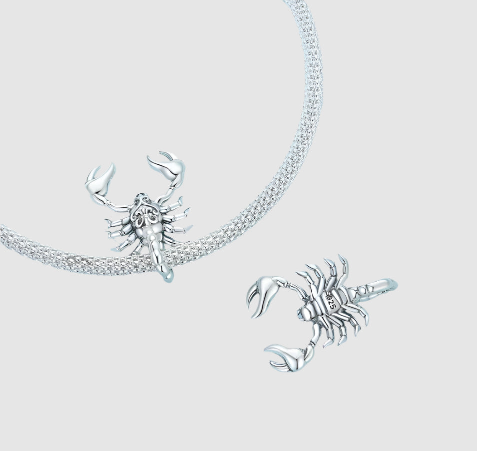 Skarion scorpion charm in 925 silver with symmetrical design and polished finish | Asttery