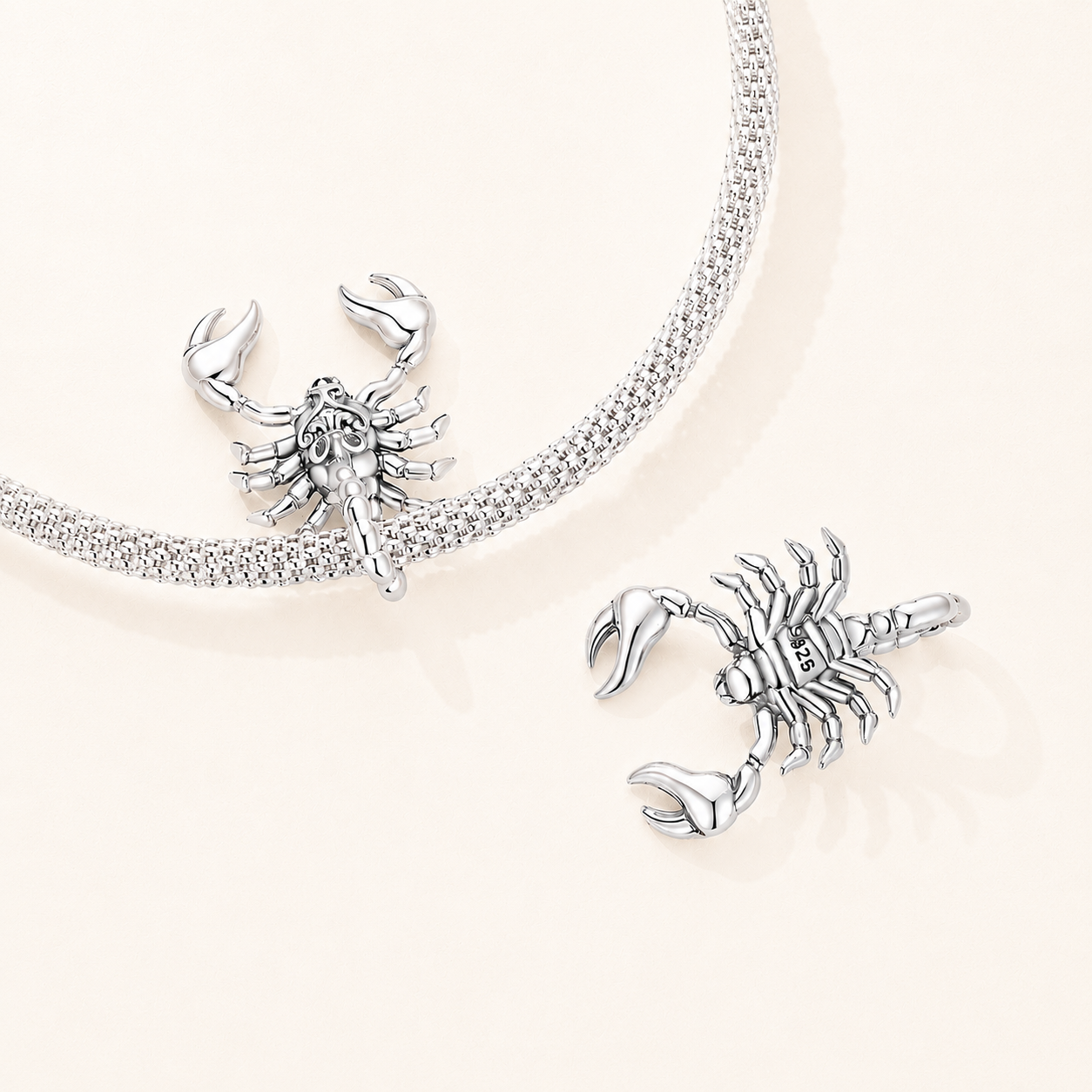 Skarion scorpion charm in 925 silver with symmetrical design and polished finish | Asttery