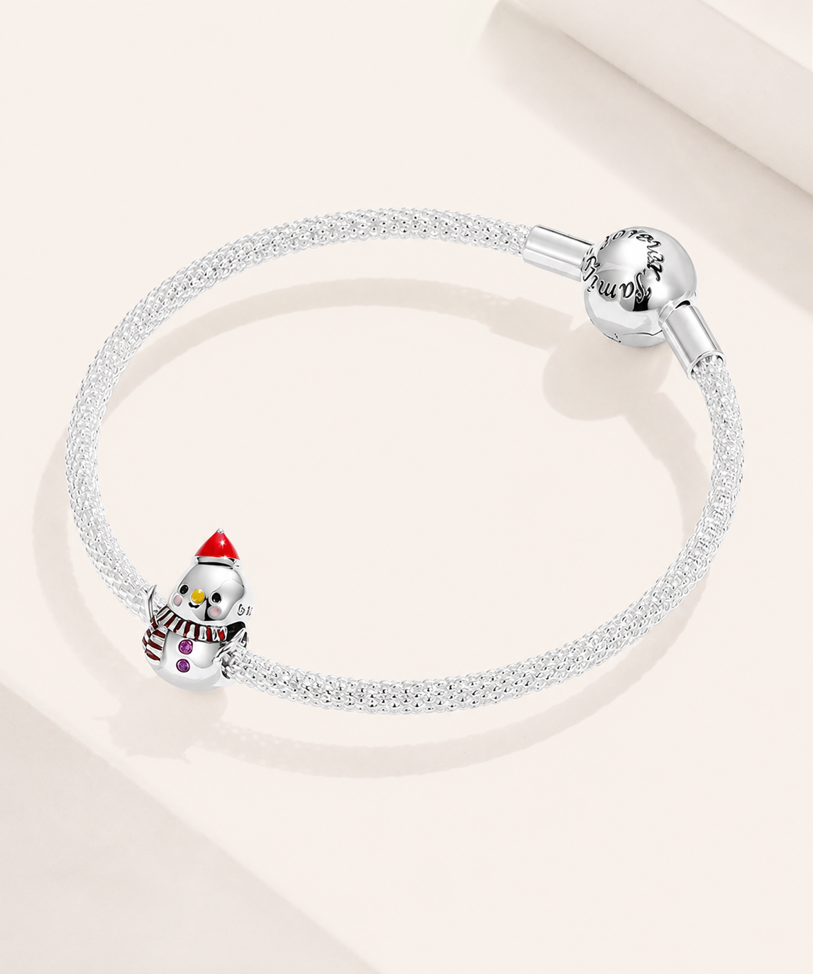 925 sterling silver snowman charm bead shown on a silver bracelet | Frosty by Asttery