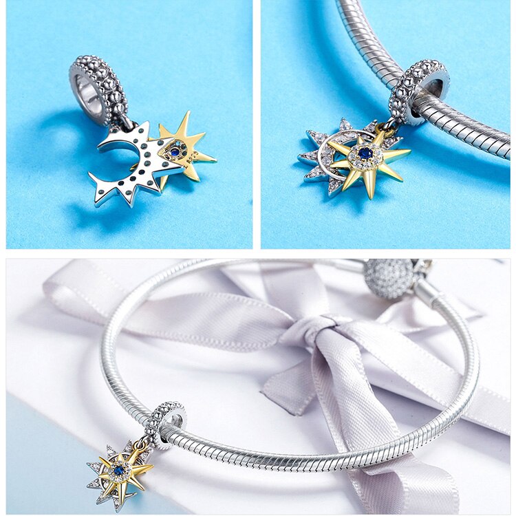 Celestial-themed charm in silver and gold tones, combining sun rays and moon shape with sparkling stones, Asttery