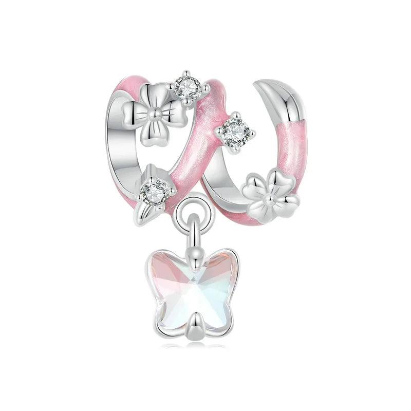Elvien charm in 925 sterling silver with clear glass butterfly and pink enamel | Asttery