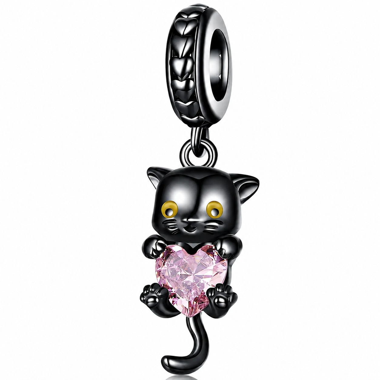 925 sterling silver black cat dangle charm holding a pink heart | Suki by Asttery 