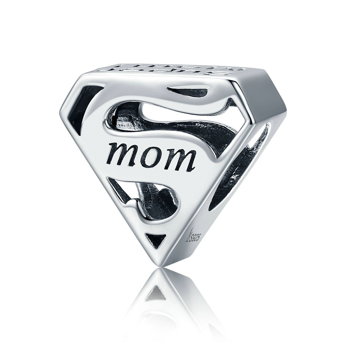 925 sterling silver Super Mom emblem charm bead with engraved ‘mom’ design | Asttery
