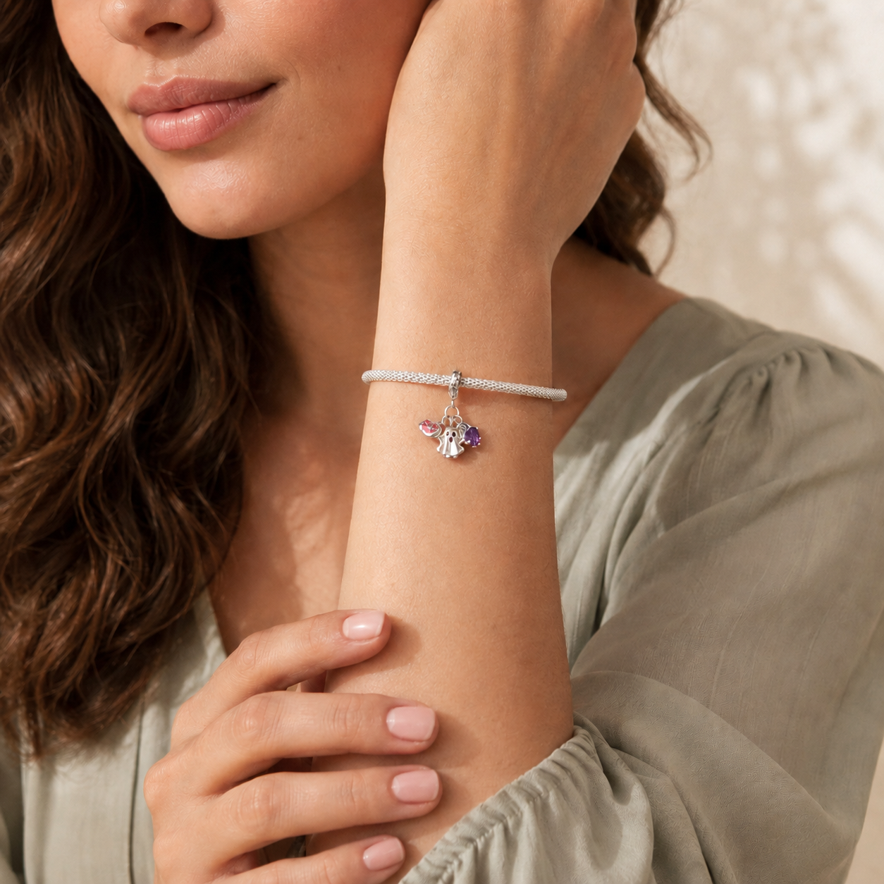 925 silver dangle charm with ghost, skeleton hand and pumpkin details | Asttery