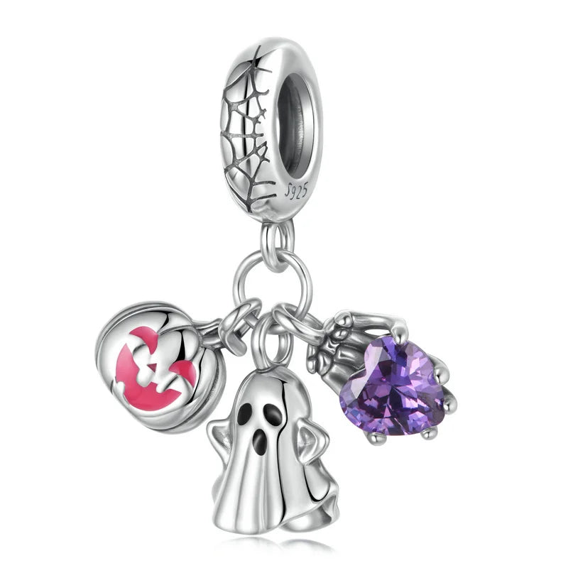 925 silver charm with pink enamel and purple heart-shaped stone | Asttery