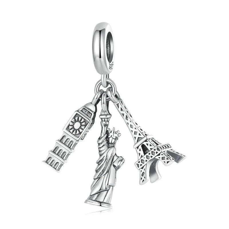 Mondevia charm in sterling silver with Eiffel Tower, Big Ben and Statue of Liberty | Asttery