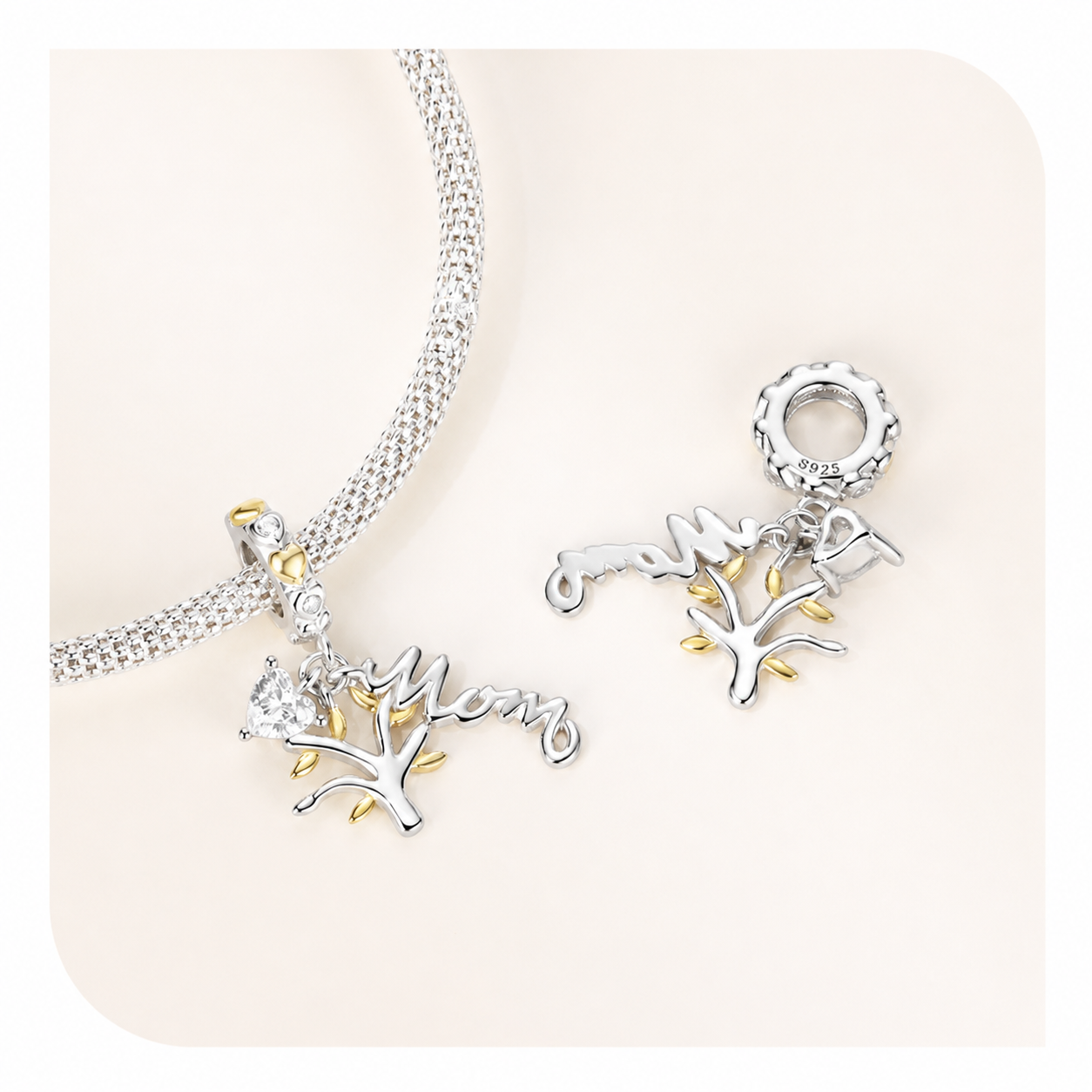 Mom dangle charm with tree, gold leaves and heart zirconia side view | Asttery