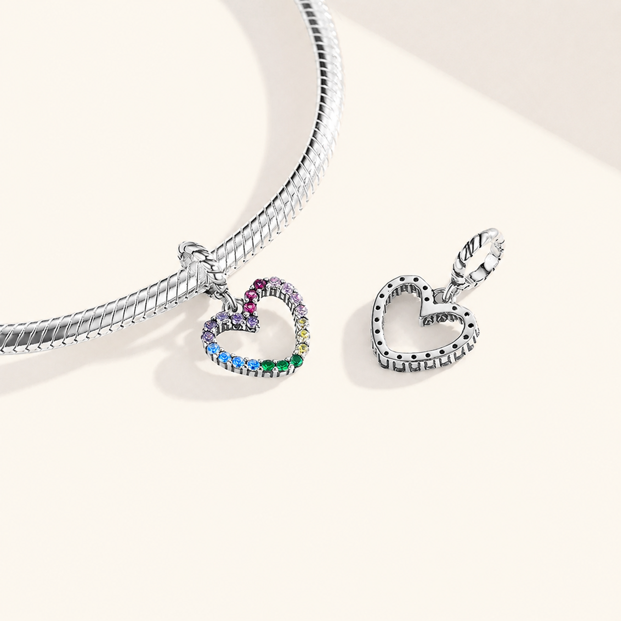 925 sterling silver rainbow heart dangle charm with multicoloured cubic zirconia| Asttery