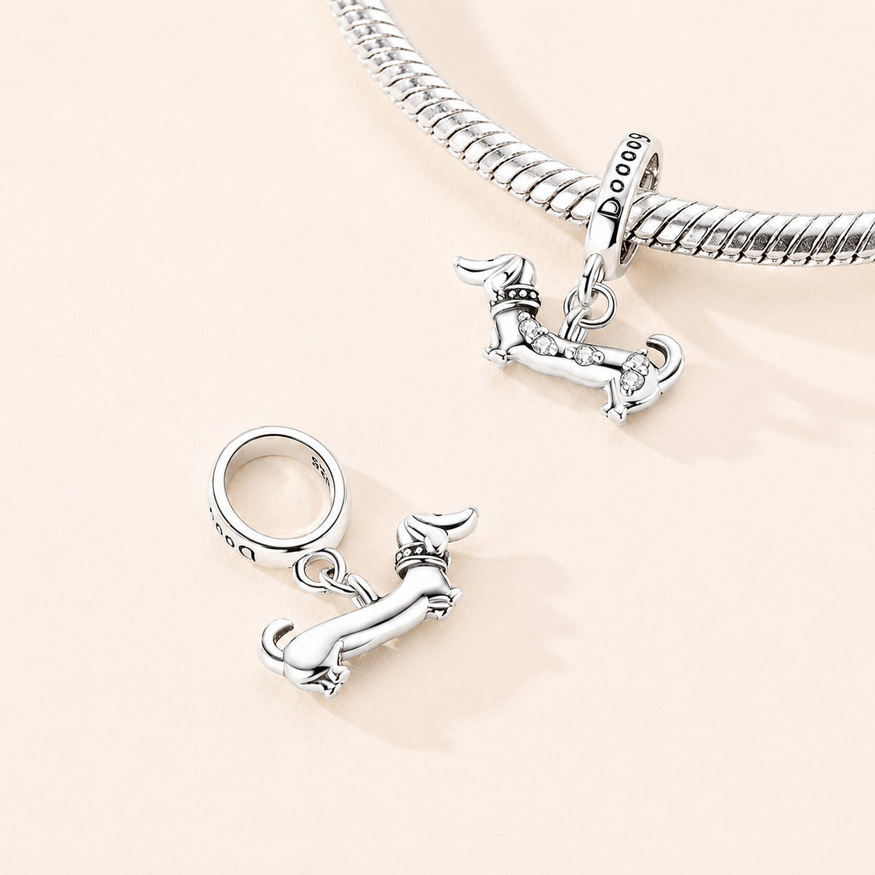 Side view of the Waffin dachshund charm showing the elongated silhouette and zirconia accents | Asttery