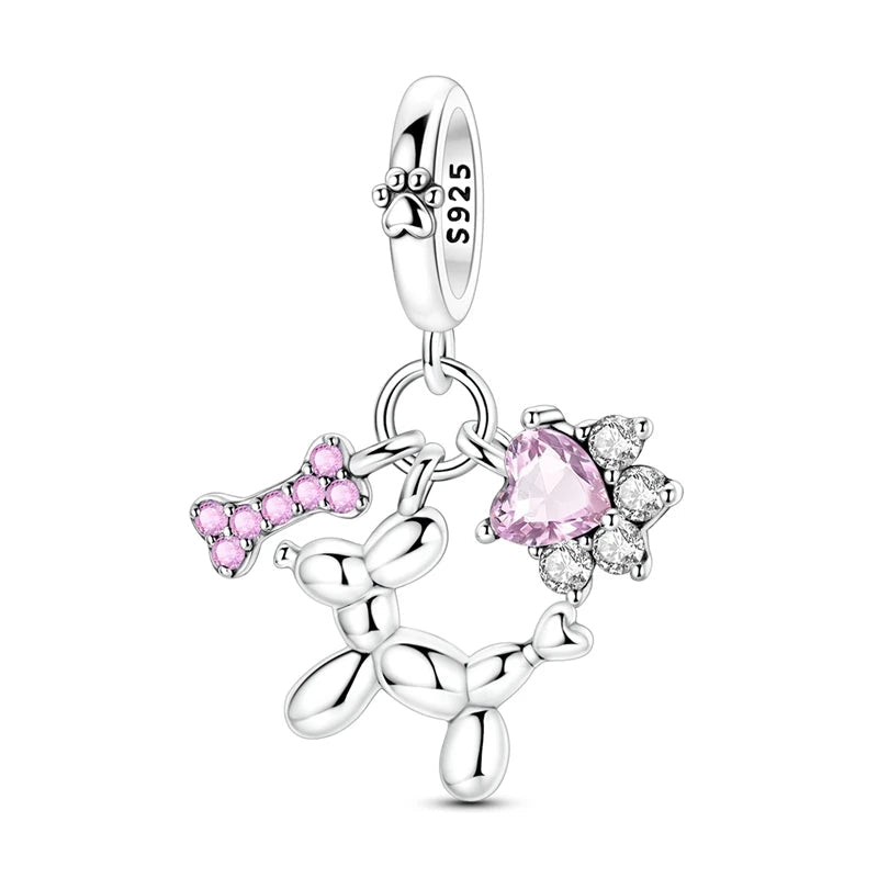 925 silver dangle charm with balloon dog, pink CZ bone | Asttery