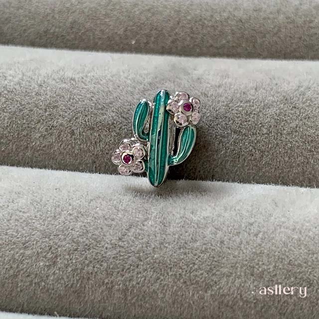 925 silver cactus-shaped charm with delicate enamel and floral crystal accents – Sierra | Asttery