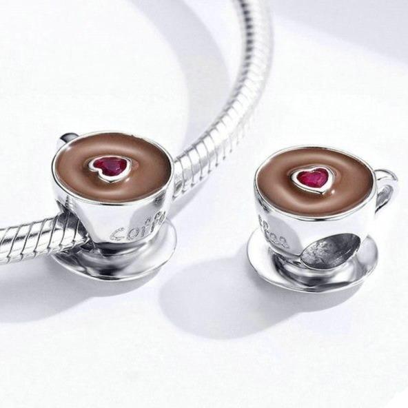 925 sterling silver coffee cup charm bead with brown enamel and pink heart stone | Asttery