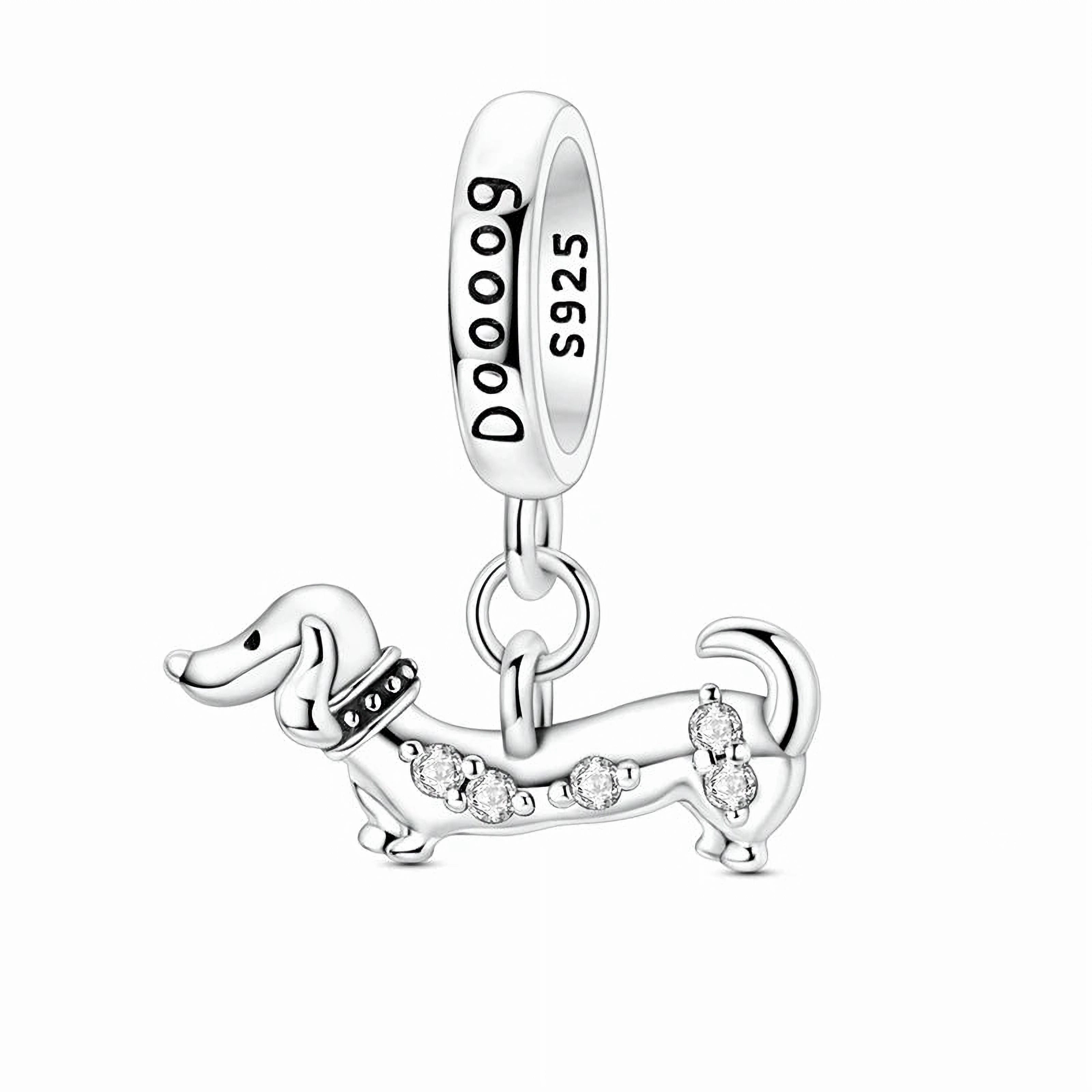 925 sterling silver dachshund dog dangle charm with cubic zirconia details | Asttery