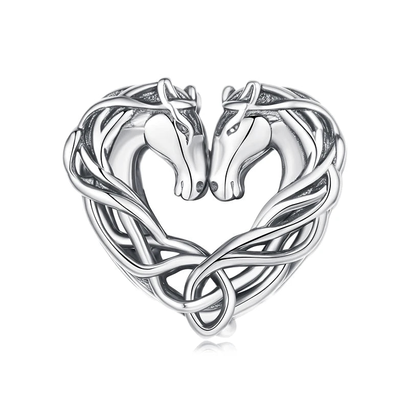 Polished 925 silver charm with Celtic knot heart and twin horse heads | Asttery