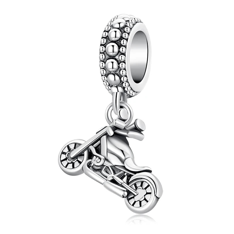 Kinetor charm in 925 silver with detailed motorbike and oxidized accents, side view | Asttery