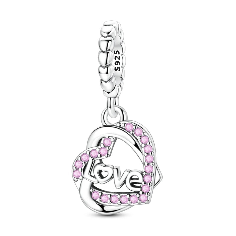 925 silver open heart dangle charm with love lettering and pink cubic zirconia details | Asttery